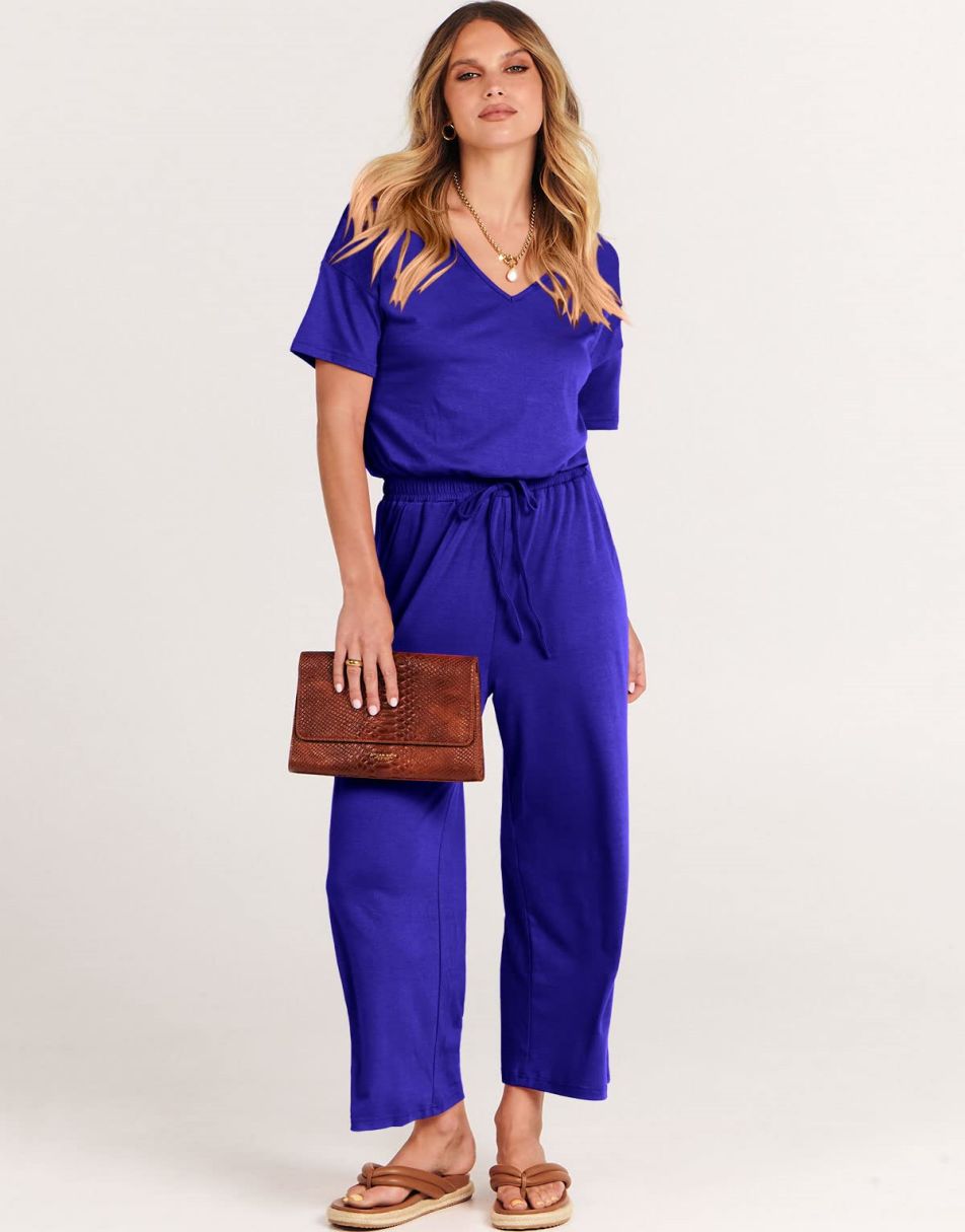 ANRABESS Kurzarm V-Ausschnitt Elastische Taille Weites Bein Cropped Hosen Jumpsuits Strampler