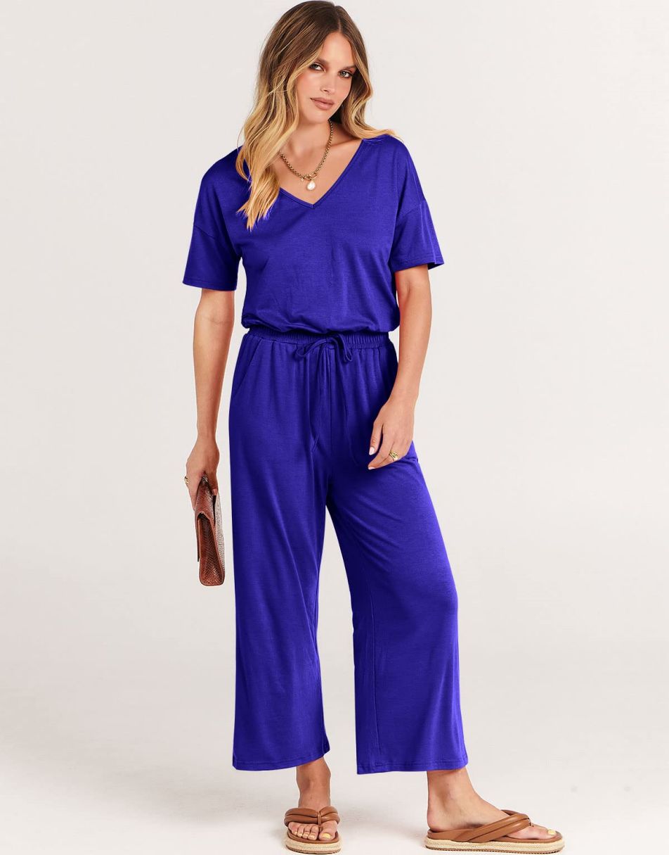 ANRABESS Kurzarm V-Ausschnitt Elastische Taille Weites Bein Cropped Hosen Jumpsuits Strampler