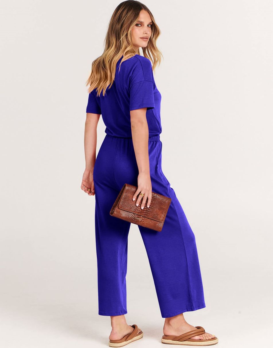 ANRABESS Kurzarm V-Ausschnitt Elastische Taille Weites Bein Cropped Hosen Jumpsuits Strampler