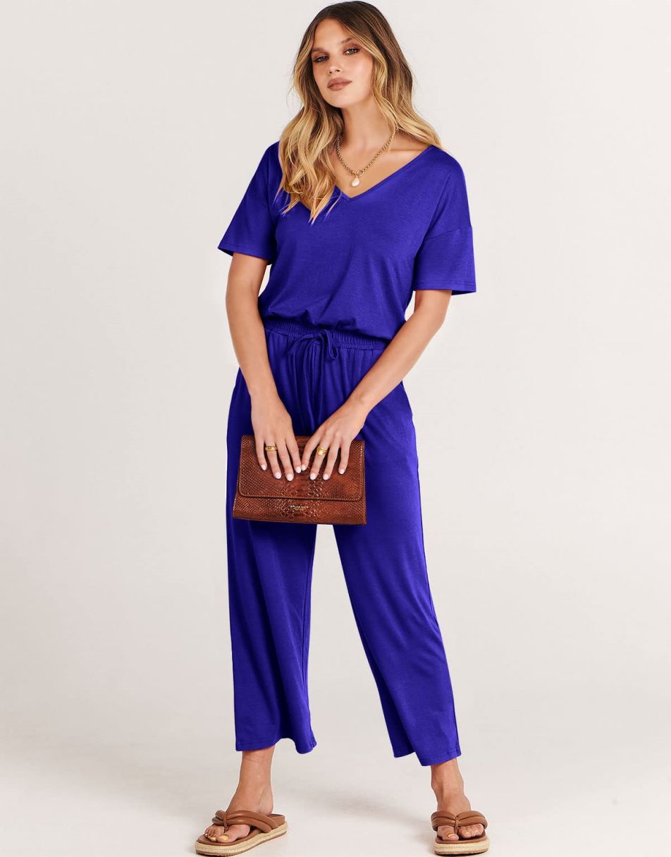 ANRABESS Kurzarm V-Ausschnitt Elastische Taille Weites Bein Cropped Hosen Jumpsuits Strampler