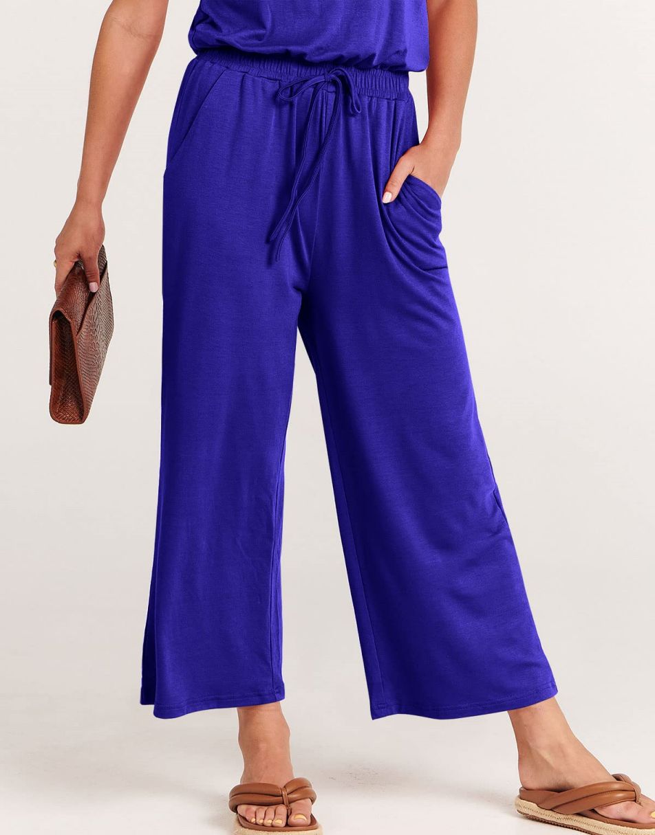 ANRABESS Kurzarm V-Ausschnitt Elastische Taille Weites Bein Cropped Hosen Jumpsuits Strampler