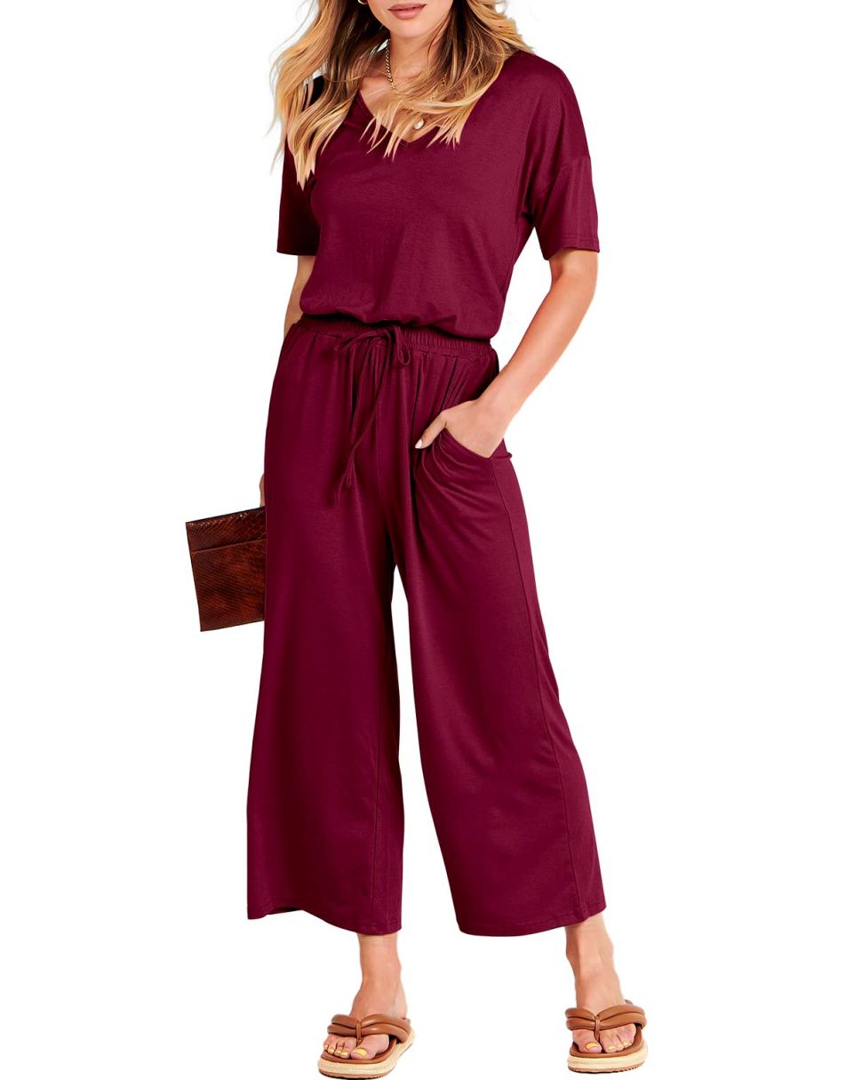ANRABESS Kurzarm V-Ausschnitt Elastische Taille Weites Bein Cropped Hosen Jumpsuits Strampler