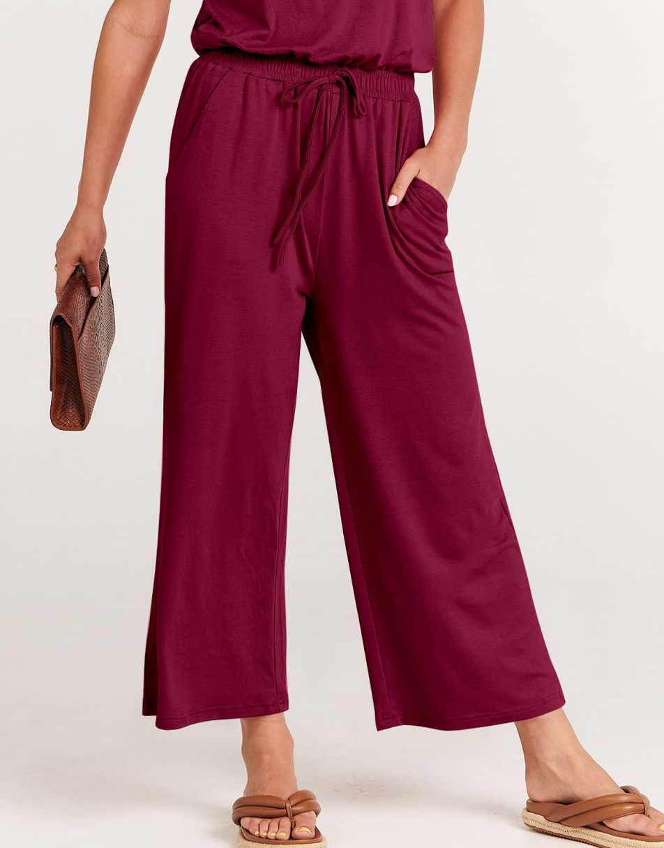ANRABESS Kurzarm V-Ausschnitt Elastische Taille Weites Bein Cropped Hosen Jumpsuits Strampler