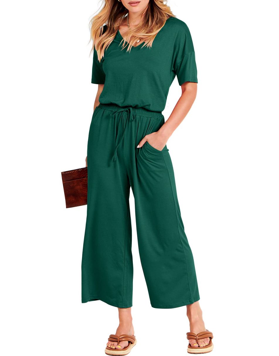ANRABESS Kurzarm V-Ausschnitt Elastische Taille Weites Bein Cropped Hosen Jumpsuits Strampler