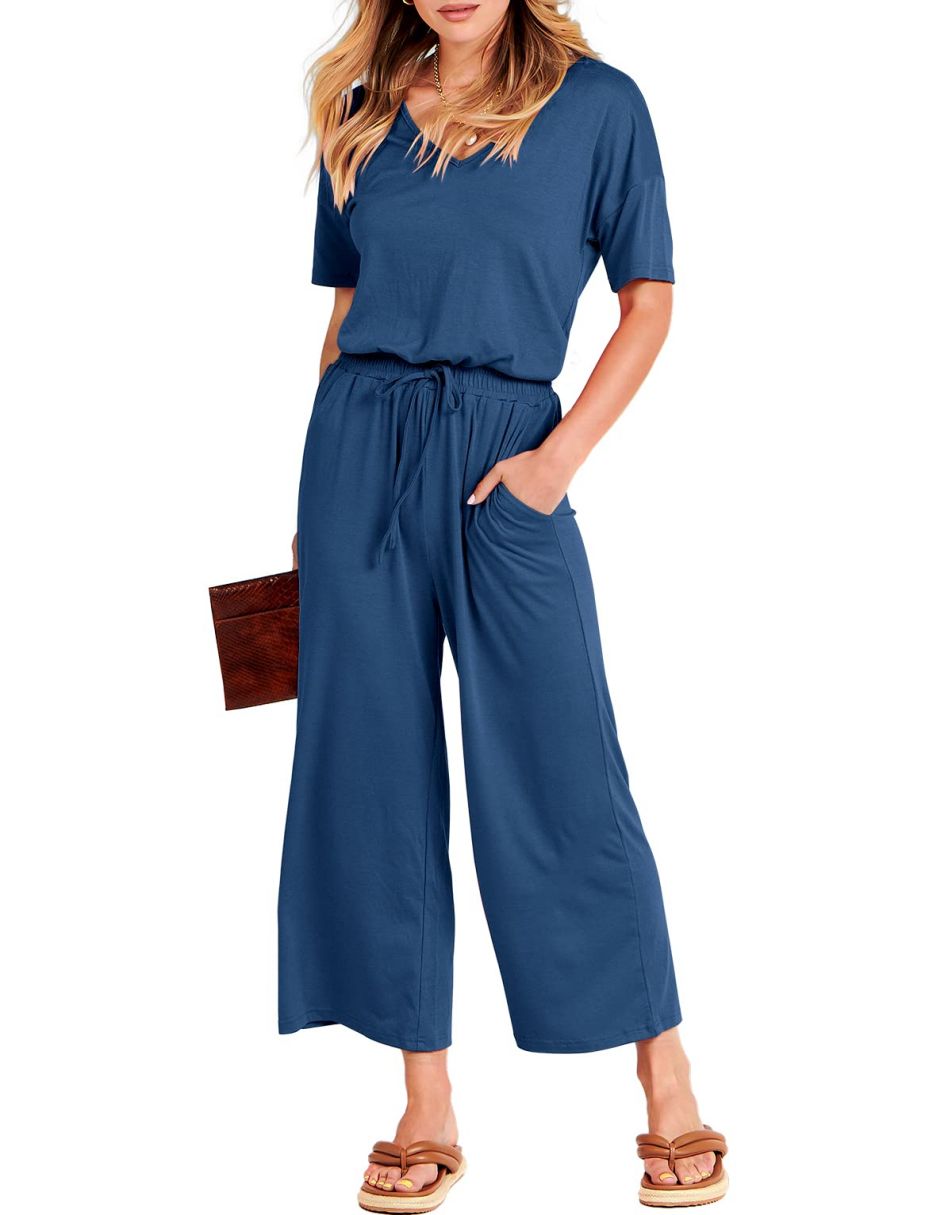 ANRABESS Kurzarm V-Ausschnitt Elastische Taille Weites Bein Cropped Hosen Jumpsuits Strampler