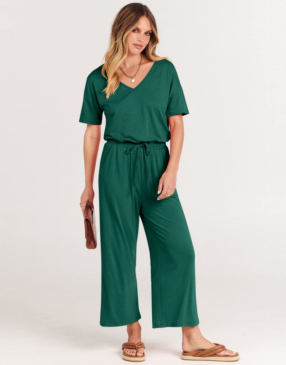 ANRABESS Kurzarm V-Ausschnitt Elastische Taille Weites Bein Cropped Hosen Jumpsuits Strampler