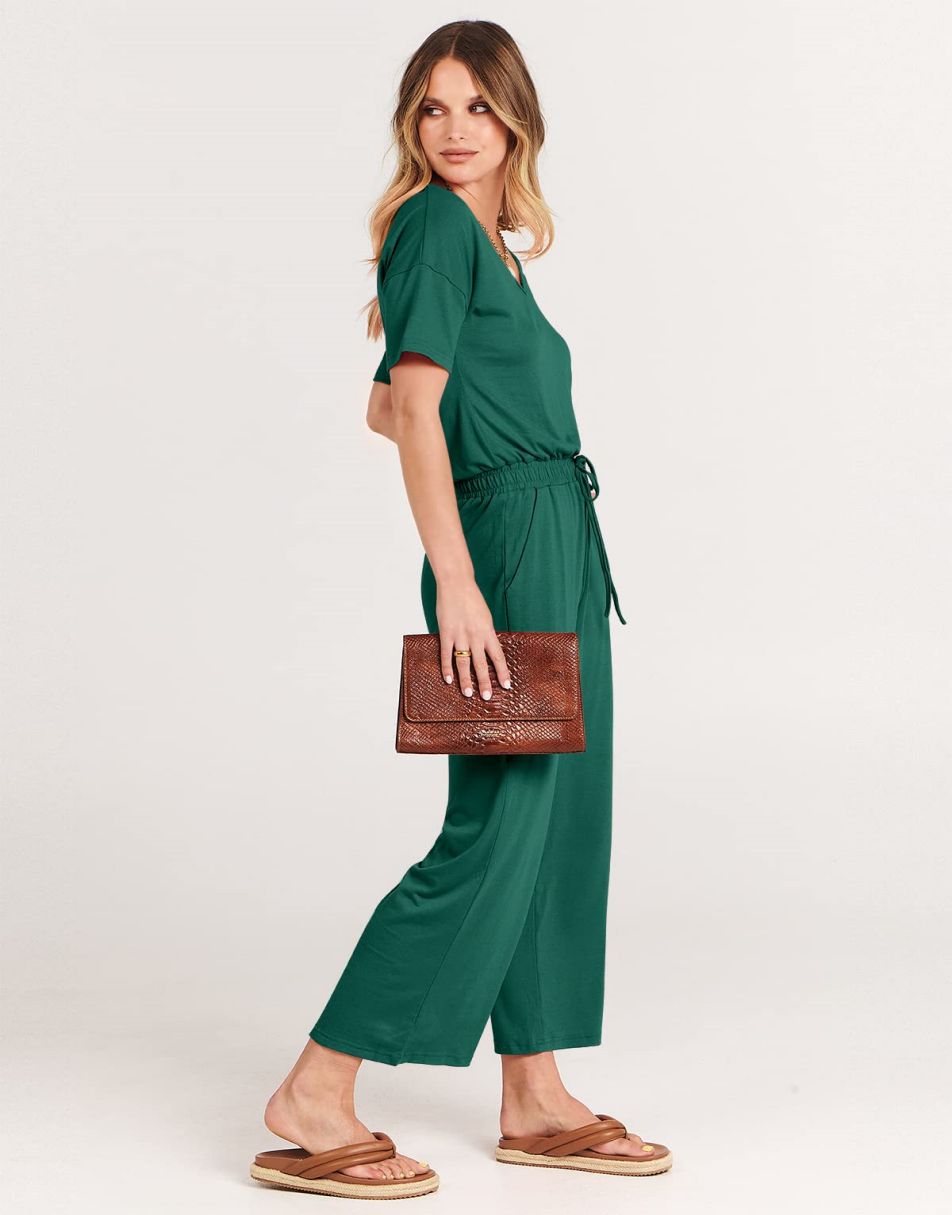 ANRABESS Kurzarm V-Ausschnitt Elastische Taille Weites Bein Cropped Hosen Jumpsuits Strampler