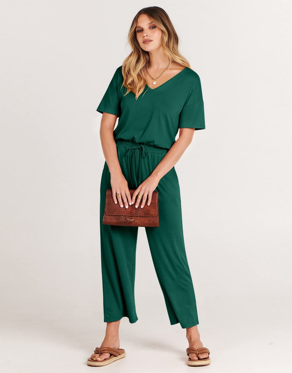 ANRABESS Kurzarm V-Ausschnitt Elastische Taille Weites Bein Cropped Hosen Jumpsuits Strampler