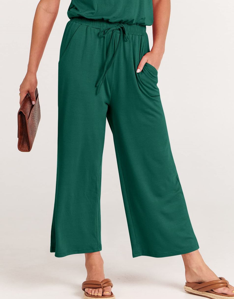 ANRABESS Kurzarm V-Ausschnitt Elastische Taille Weites Bein Cropped Hosen Jumpsuits Strampler
