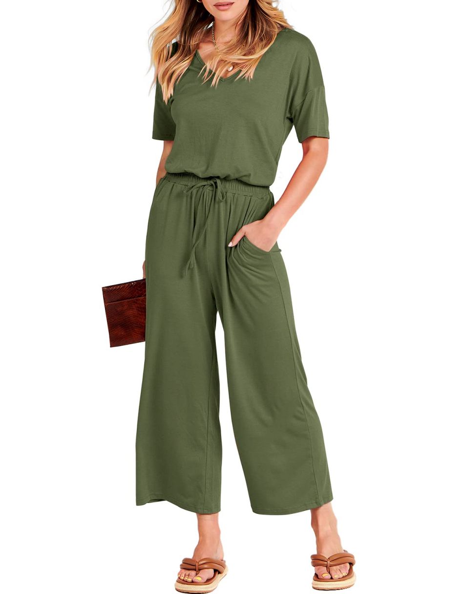 ANRABESS Kurzarm V-Ausschnitt Elastische Taille Weites Bein Cropped Hosen Jumpsuits Strampler