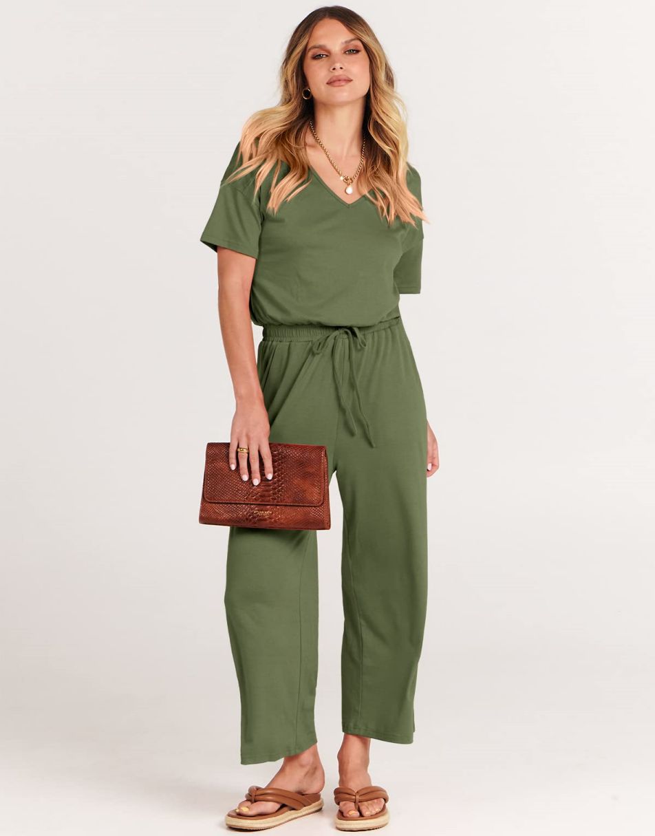 ANRABESS Kurzarm V-Ausschnitt Elastische Taille Weites Bein Cropped Hosen Jumpsuits Strampler