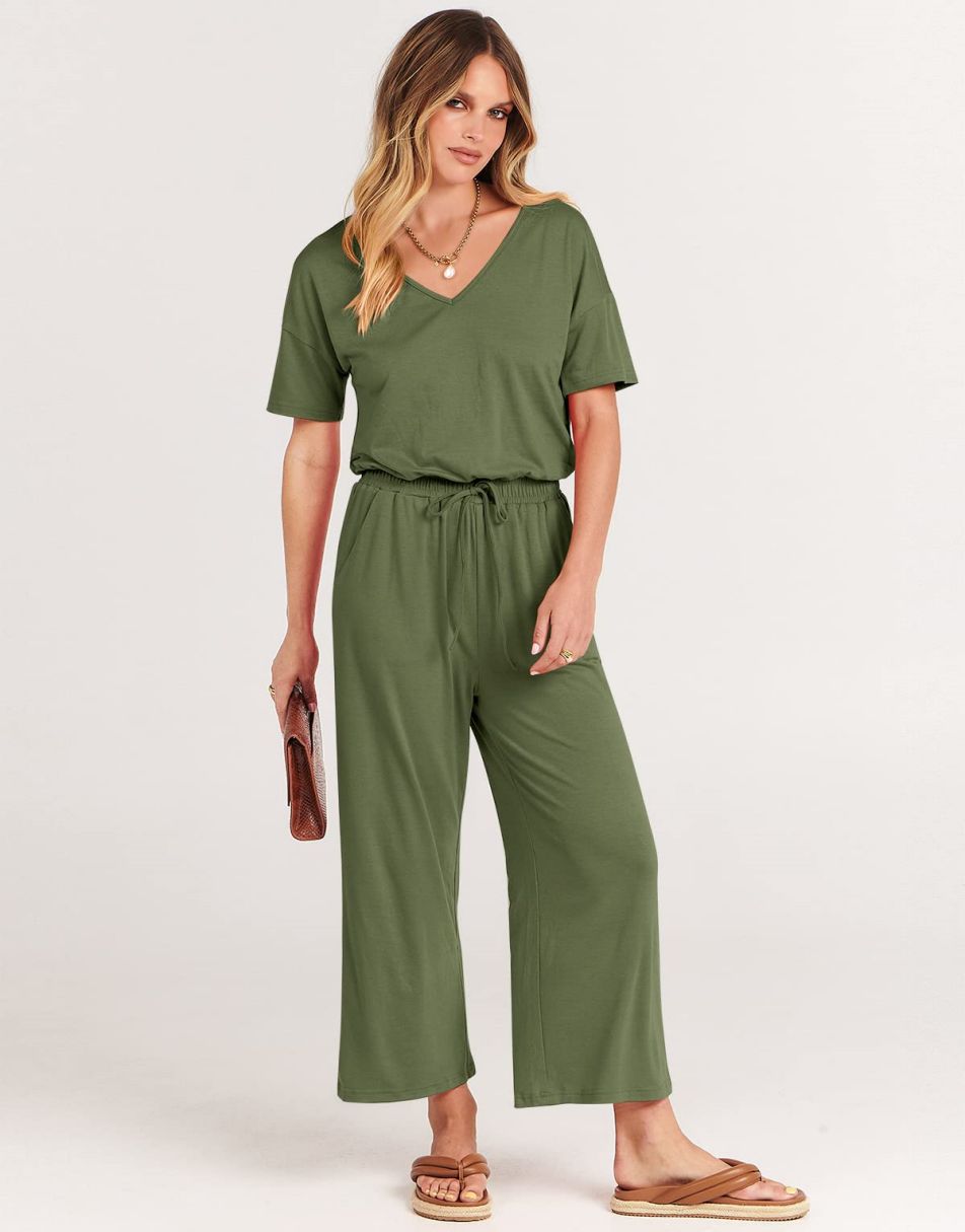 ANRABESS Kurzarm V-Ausschnitt Elastische Taille Weites Bein Cropped Hosen Jumpsuits Strampler