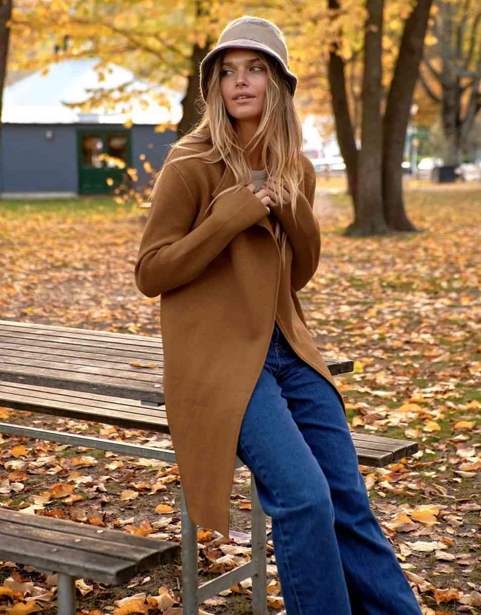 ANRABESS Damen Lässige Langarm Elegante Drapierte Offene Strickjacke Langer Cardigan Pullover