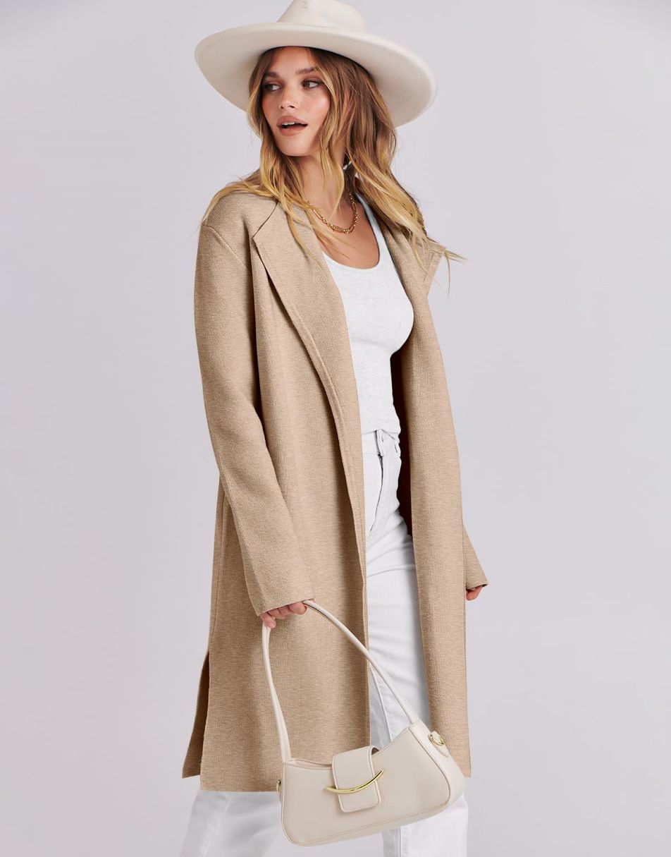 ANRABESS Damen Lässige Langarm Elegante Drapierte Offene Strickjacke Langer Cardigan Pullover