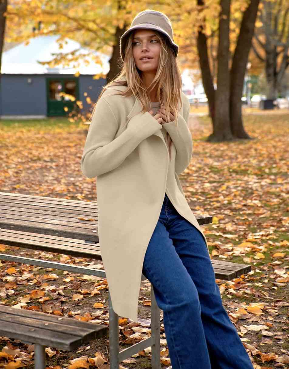 ANRABESS Damen Lässige Langarm Elegante Drapierte Offene Strickjacke Langer Cardigan Pullover