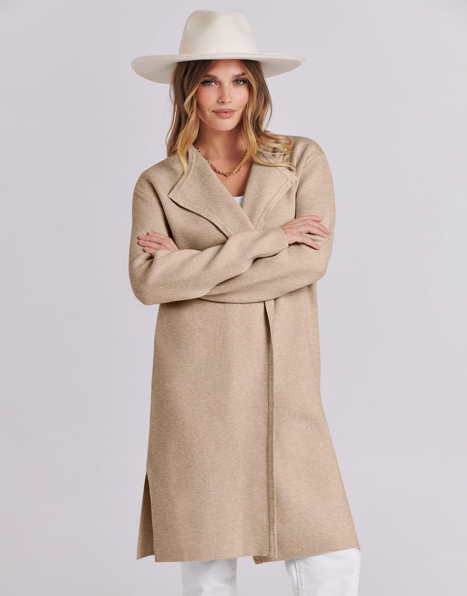 ANRABESS Damen Lässige Langarm Elegante Drapierte Offene Strickjacke Langer Cardigan Pullover