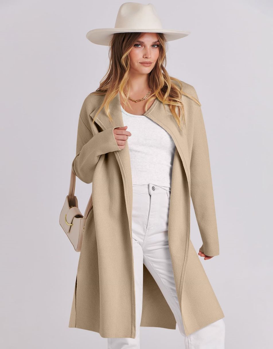 ANRABESS Damen Lässige Langarm Elegante Drapierte Offene Strickjacke Langer Cardigan Pullover