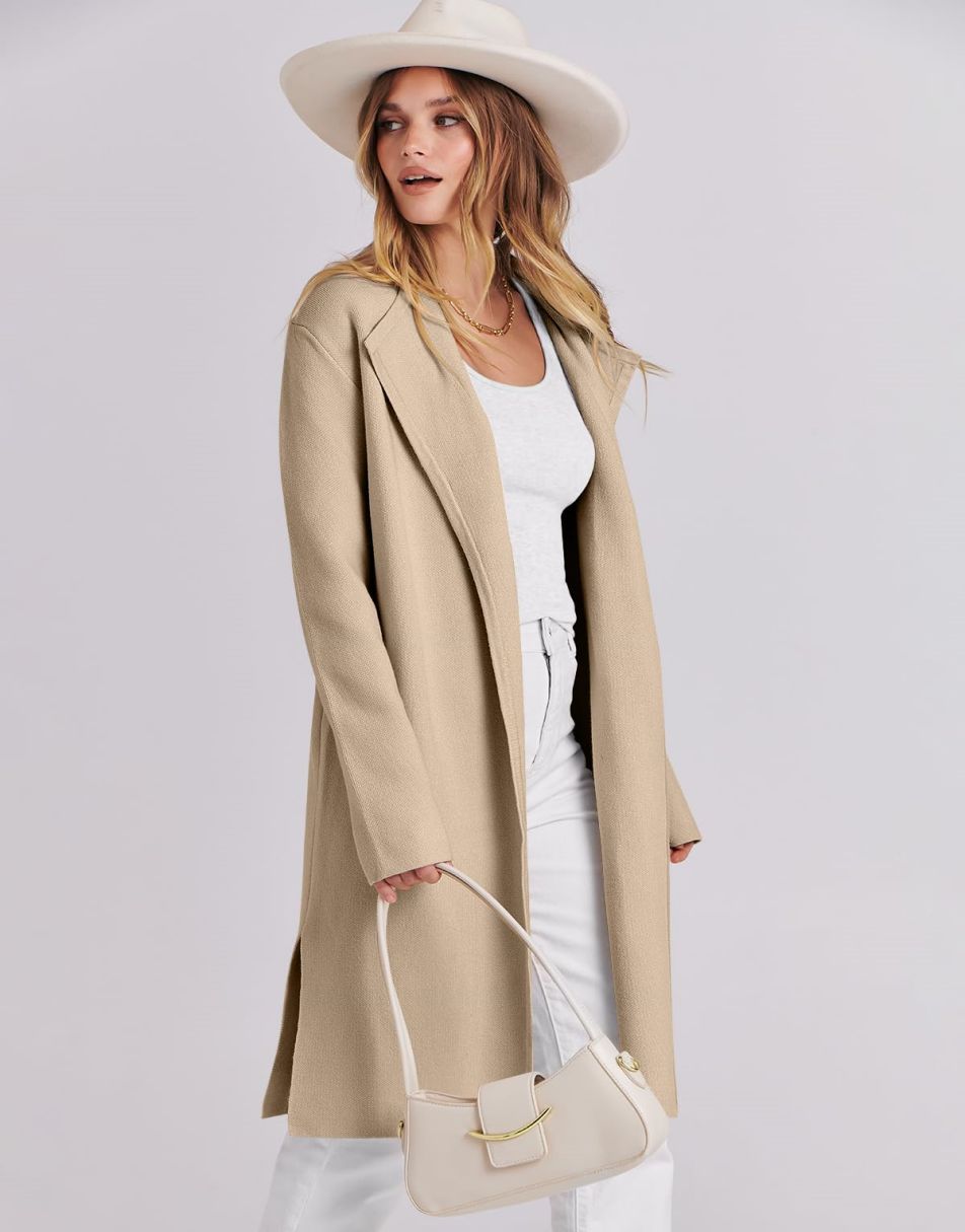 ANRABESS Damen Lässige Langarm Elegante Drapierte Offene Strickjacke Langer Cardigan Pullover