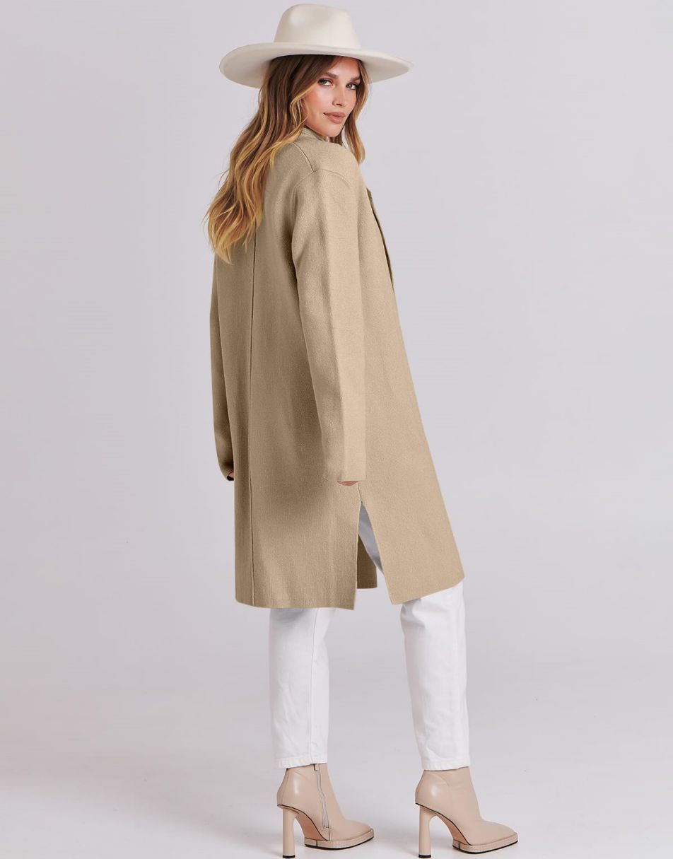ANRABESS Damen Lässige Langarm Elegante Drapierte Offene Strickjacke Langer Cardigan Pullover