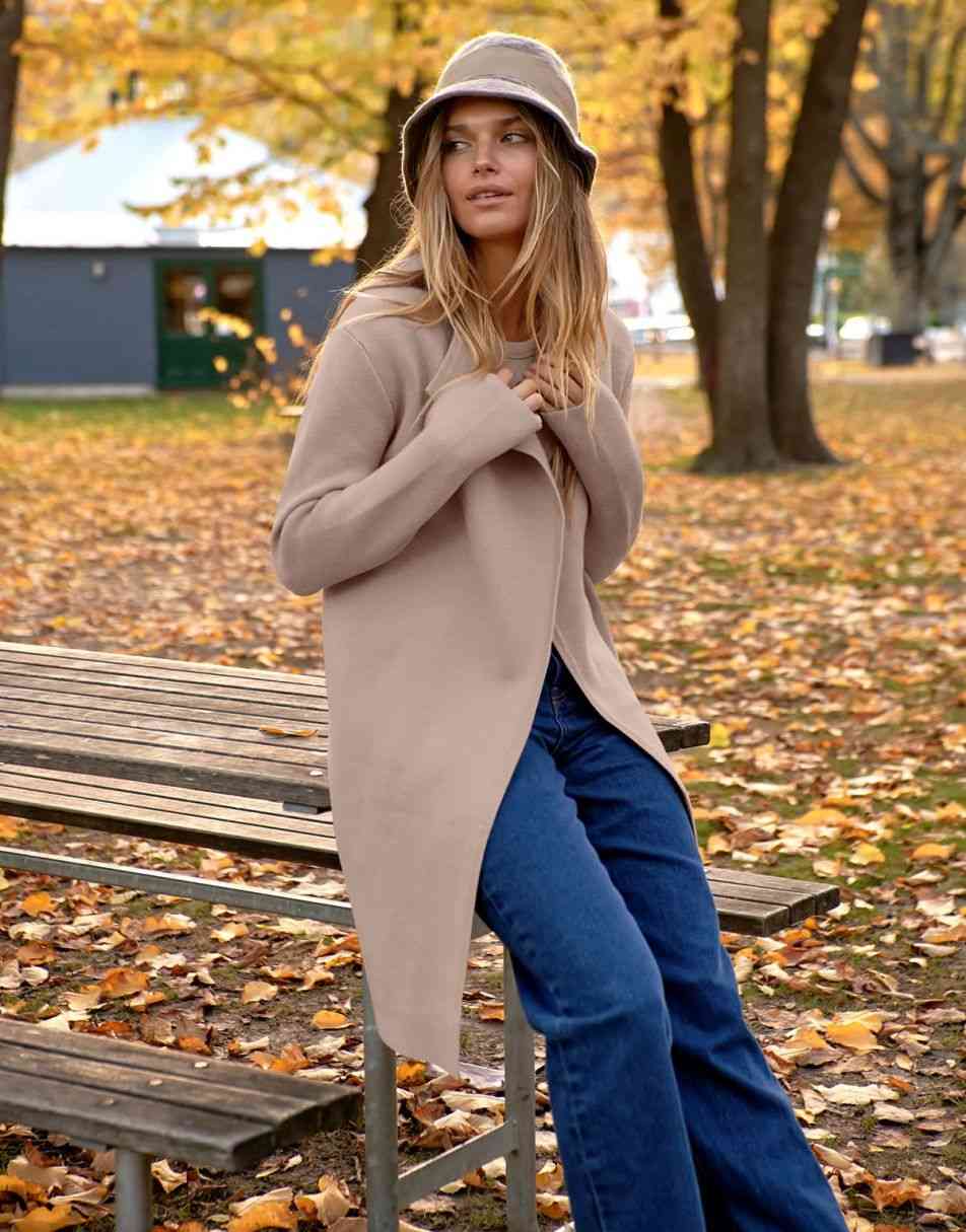 ANRABESS Damen Lässige Langarm Elegante Drapierte Offene Strickjacke Langer Cardigan Pullover