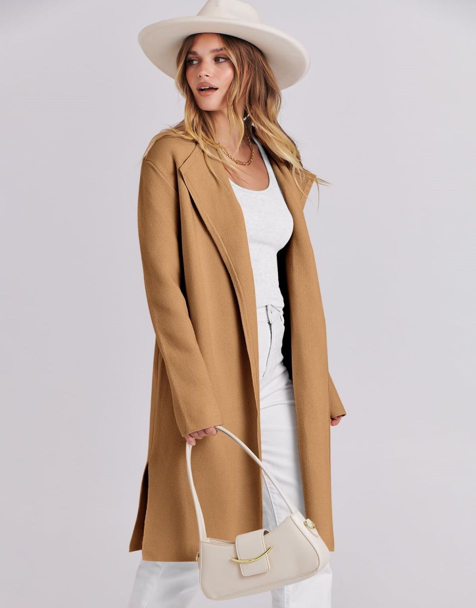 ANRABESS Damen Lässige Langarm Elegante Drapierte Offene Strickjacke Langer Cardigan Pullover
