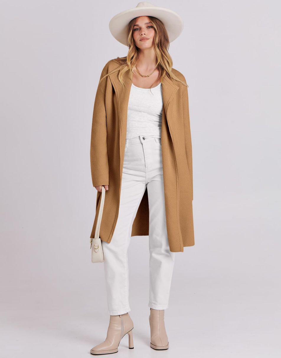 ANRABESS Damen Lässige Langarm Elegante Drapierte Offene Strickjacke Langer Cardigan Pullover