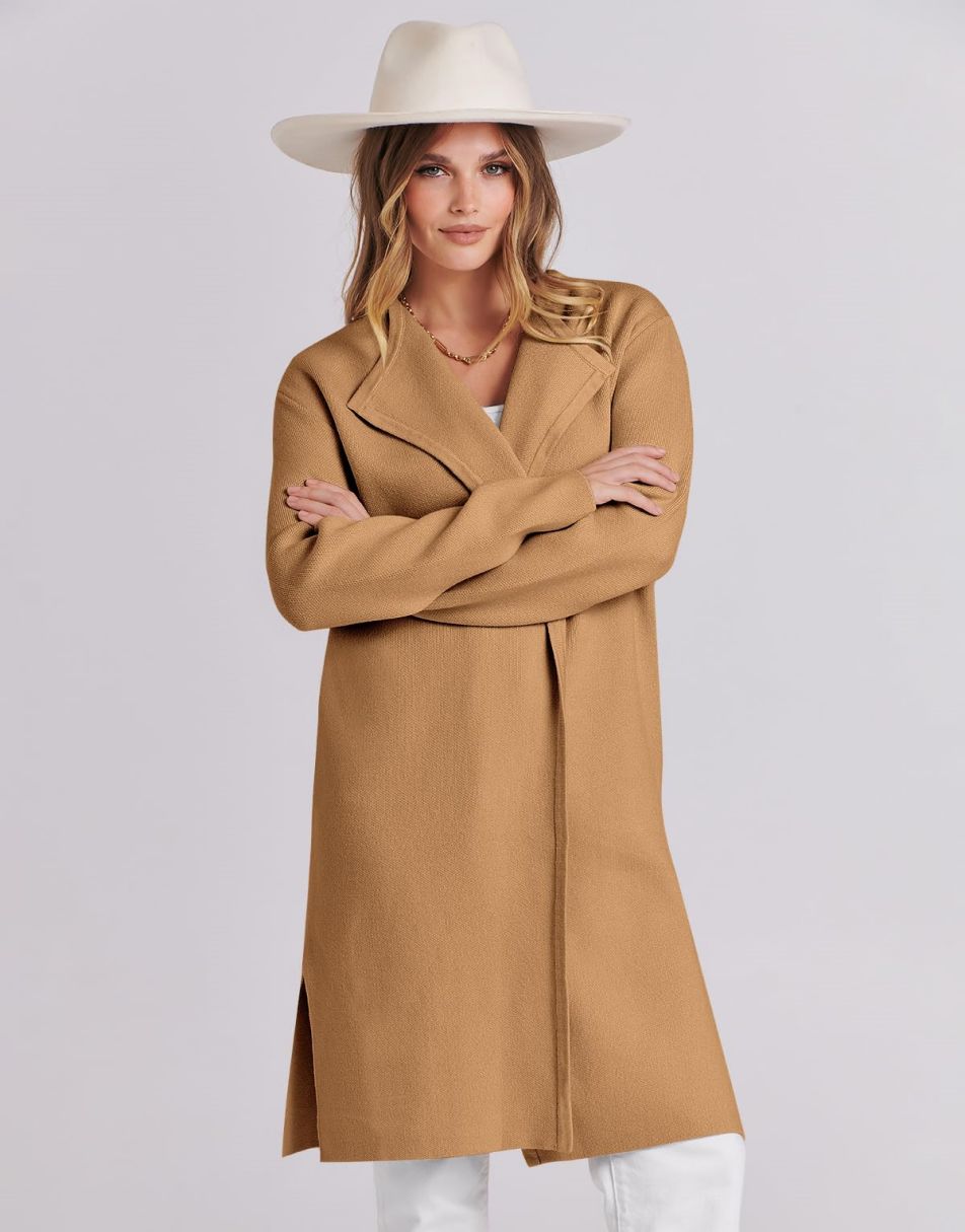 ANRABESS Damen Lässige Langarm Elegante Drapierte Offene Strickjacke Langer Cardigan Pullover