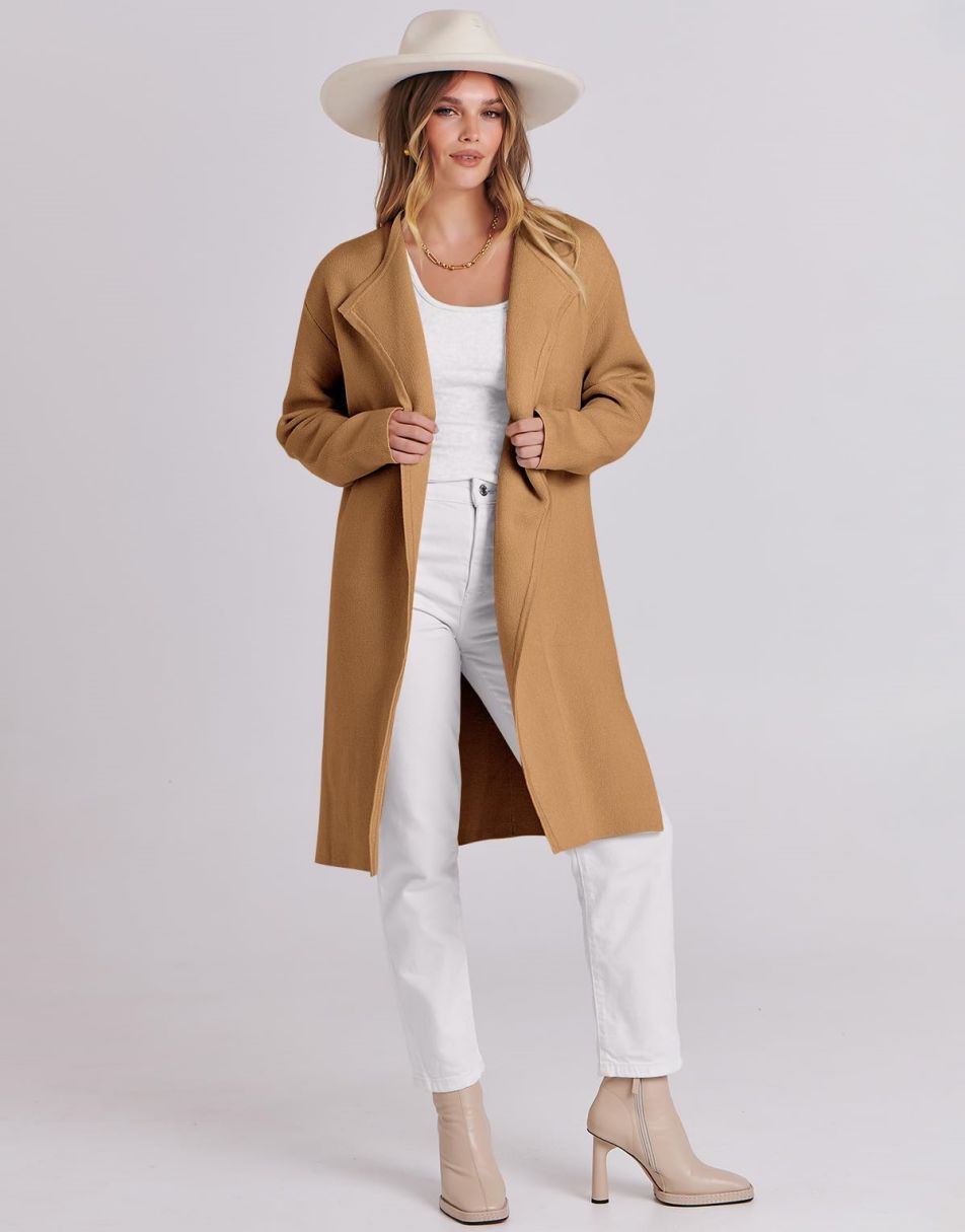 ANRABESS Damen Lässige Langarm Elegante Drapierte Offene Strickjacke Langer Cardigan Pullover