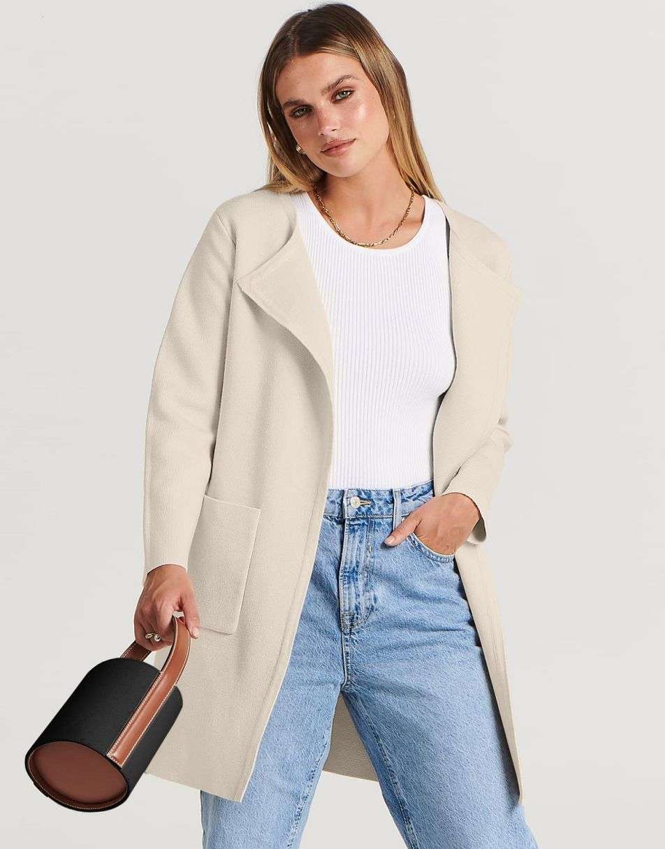ANRABESS Women's Open Front Knit Cardigan Long Sleeve Lapel Casual Solid Classy Sweater Jacket