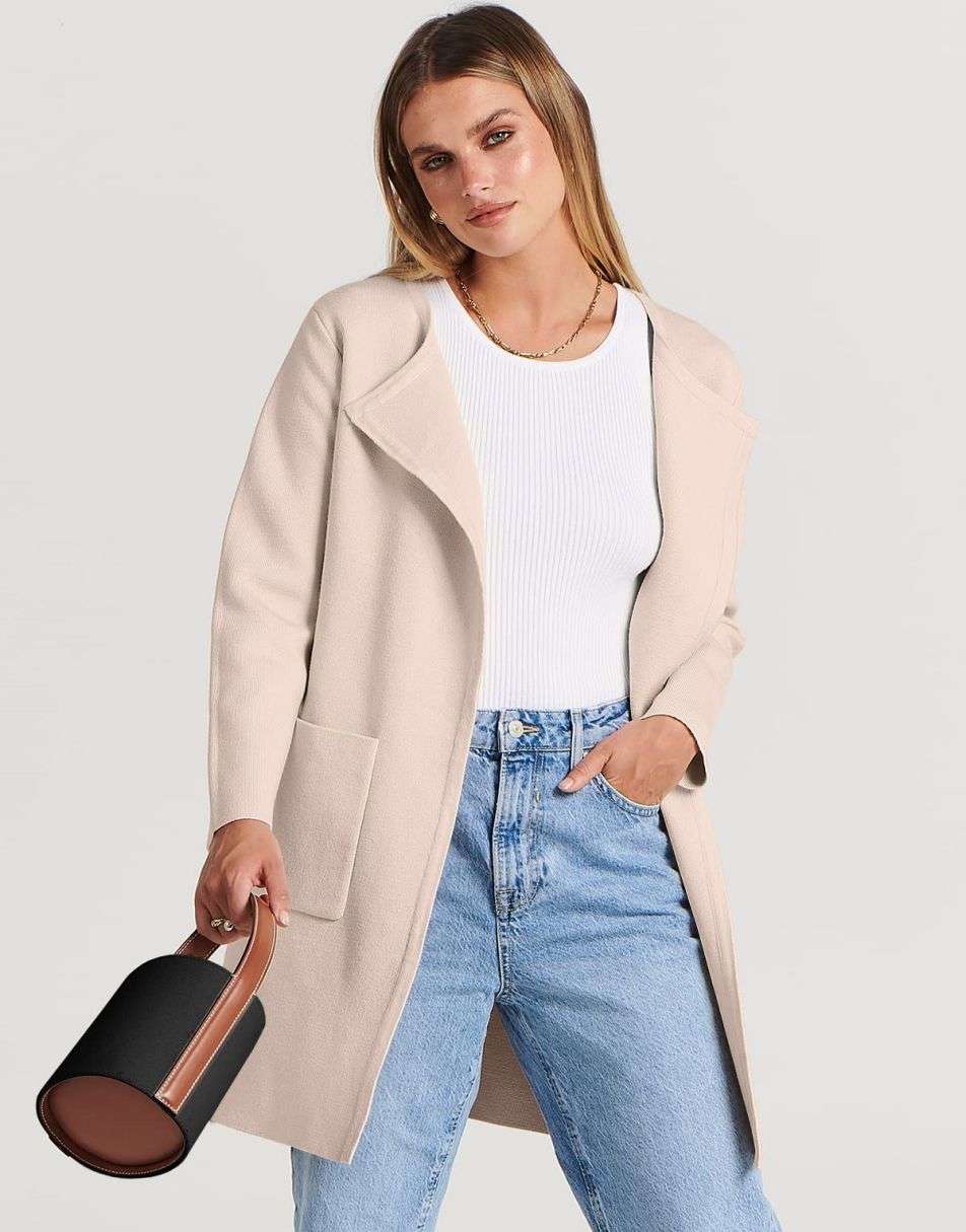ANRABESS Women's Open Front Knit Cardigan Long Sleeve Lapel Casual Solid Classy Sweater Jacket