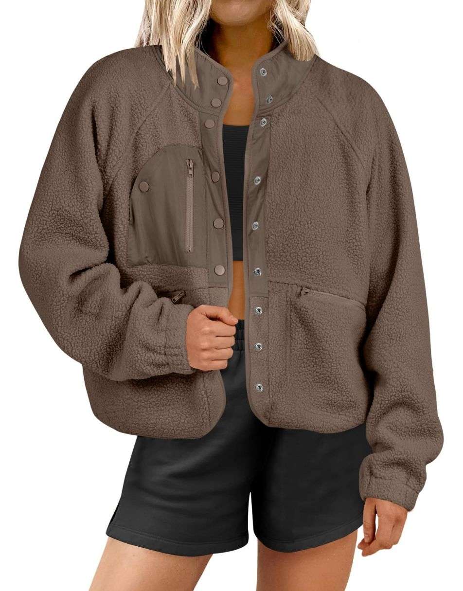 ANRABESS Womens Fleece Jacket Button Down Shacket Casual Sherpa Cropped Coats Warm Outwear with Pockets