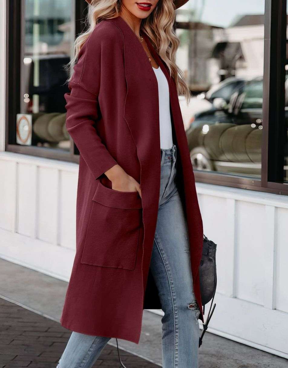 ANRABESS Women's Casual Long Sleeve Draped Open Front Knit Pockets Long Cardigan Jackets Sweater
