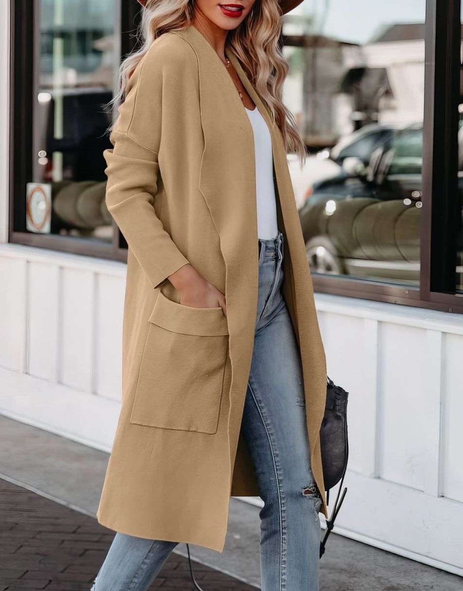 ANRABESS Women's Casual Long Sleeve Draped Open Front Knit Pockets Long Cardigan Jackets Sweater
