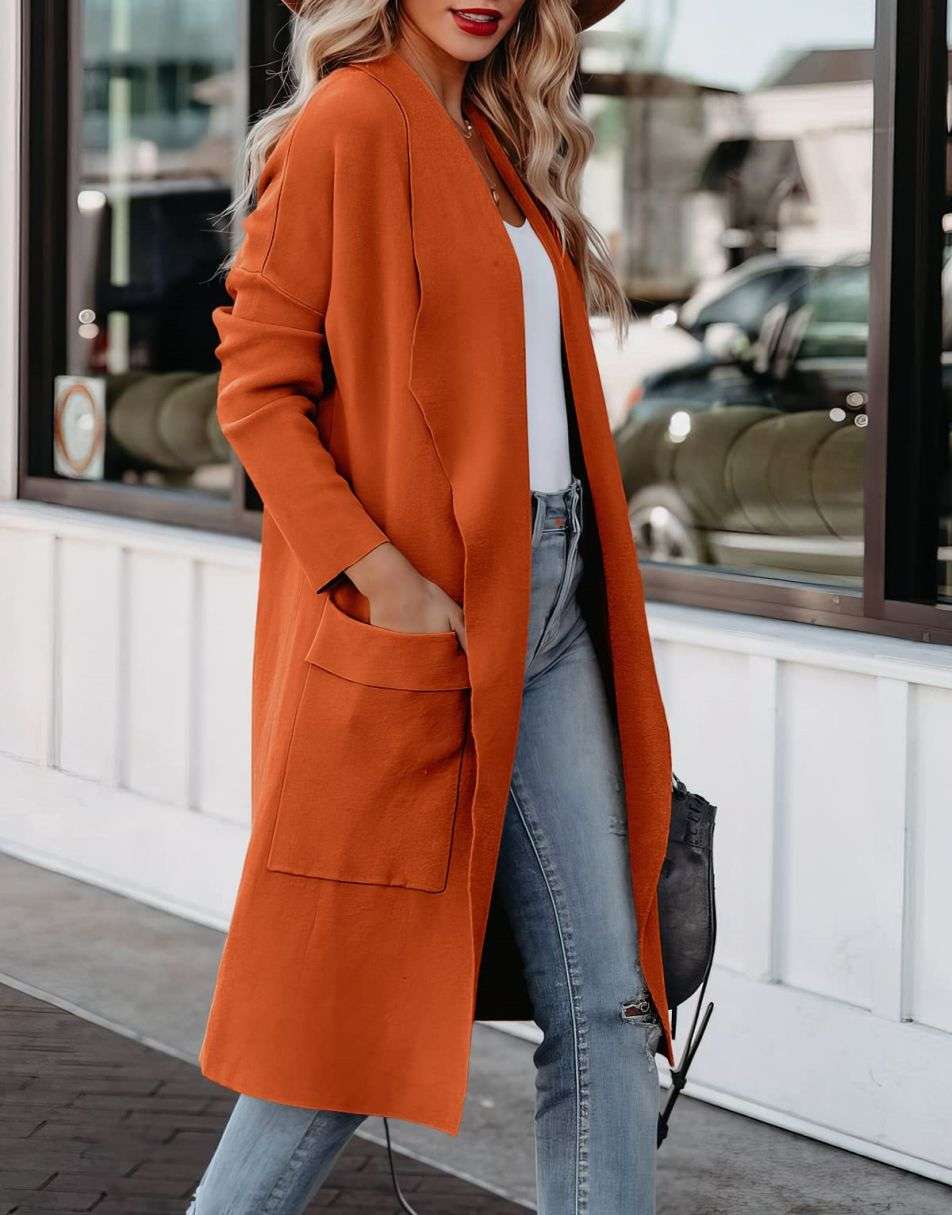 ANRABESS Women's Casual Long Sleeve Draped Open Front Knit Pockets Long Cardigan Jackets Sweater