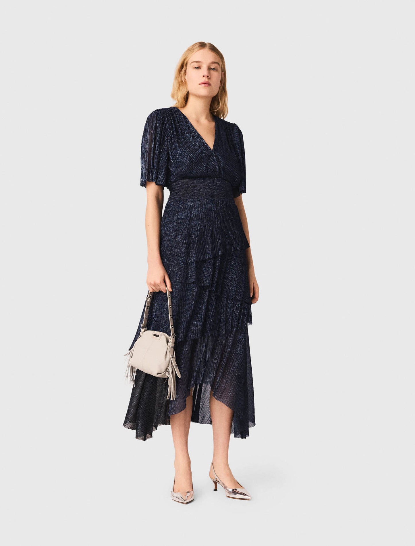Metallic ruffled midi dress