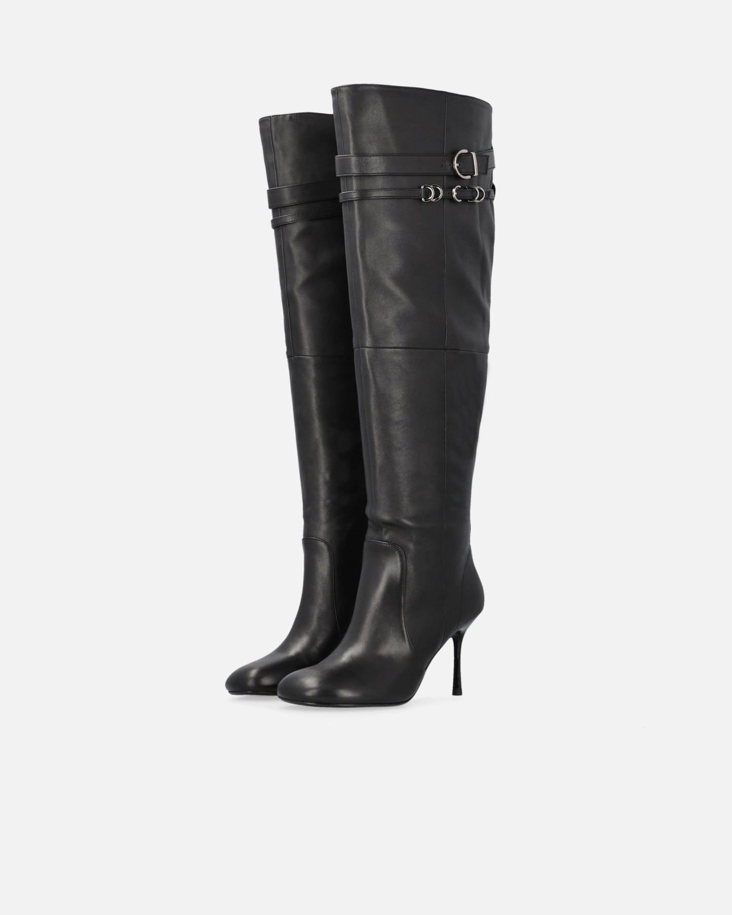 Knee-high nappa leather boots with heel and strap