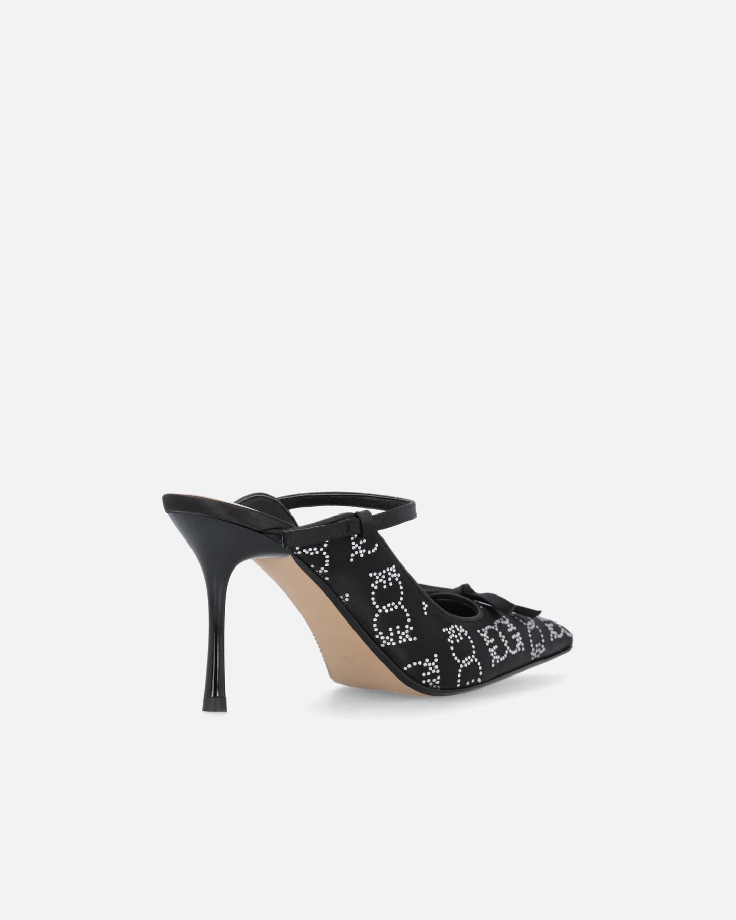 Rhinestoned satin slip-ons with heel