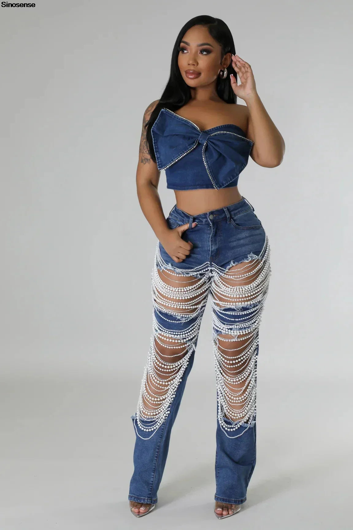 Women's Destroyed Ripped Hole Denim Pants Pearl Rhinestones Chain Distressed Slim Fit Skinny Jeans Y2K Night Club Party Jeans