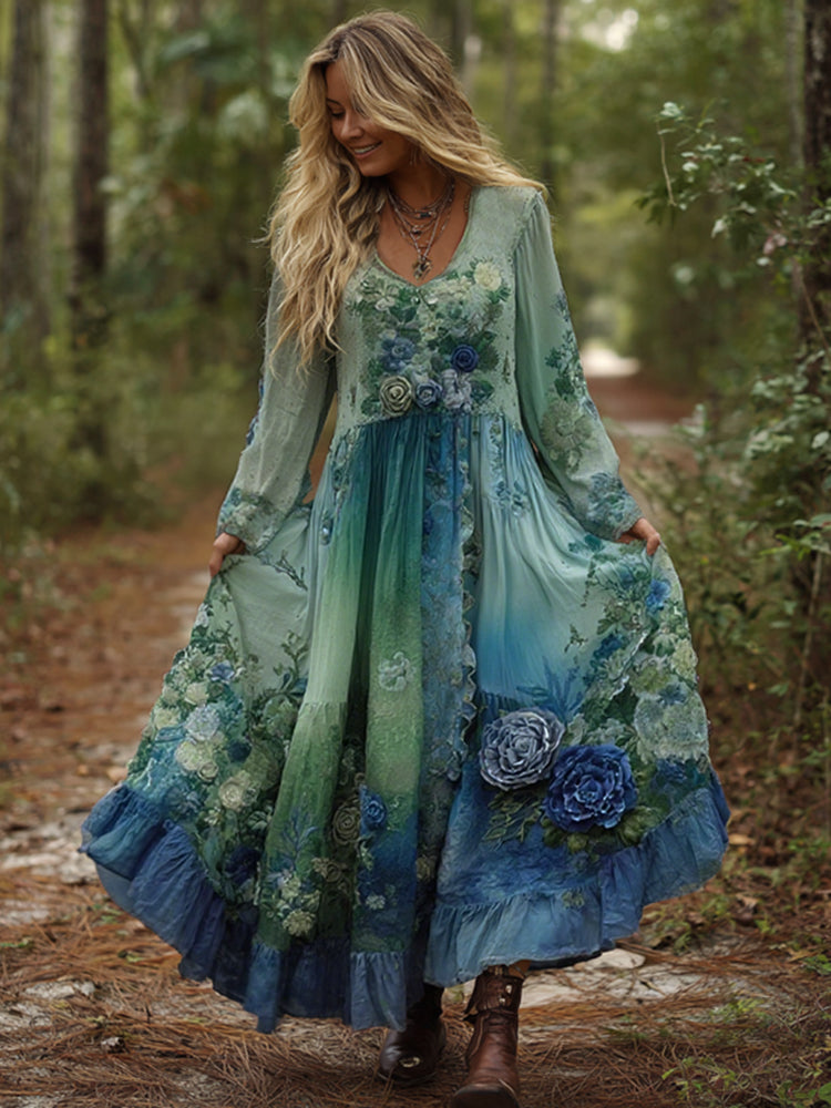 Vintage Elegantes Maxi-Kleid in Lila-Lavendel mit Blumenstickerei und Farbverlauf