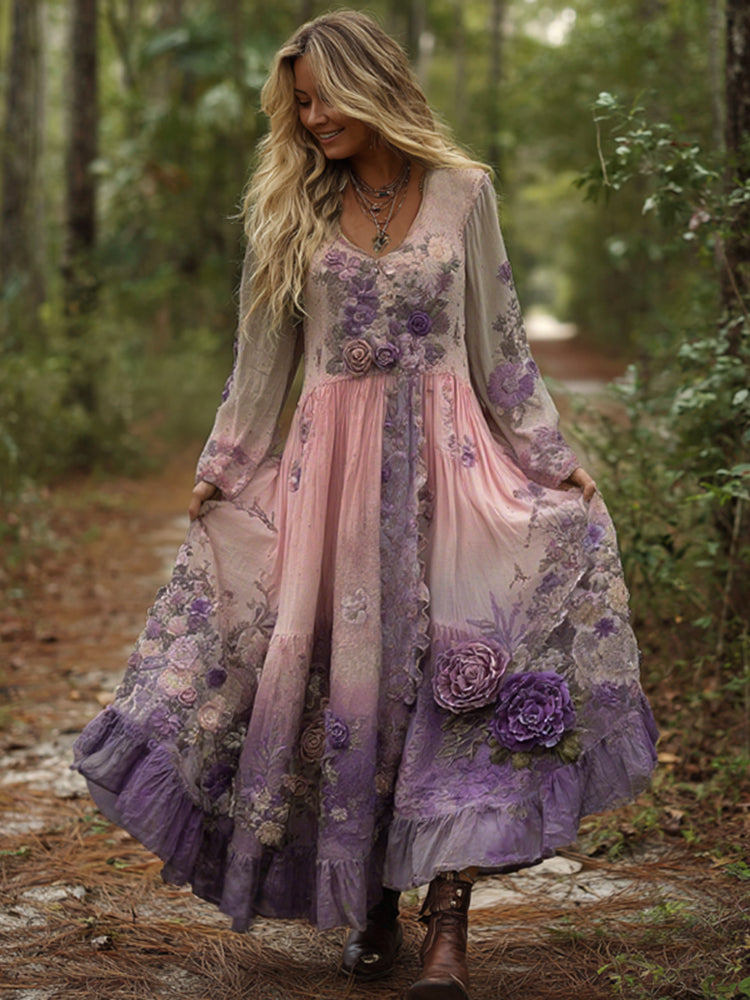 Vintage Elegantes Maxi-Kleid in Lila-Lavendel mit Blumenstickerei und Farbverlauf