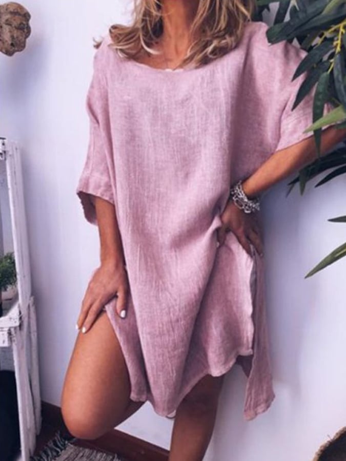 Damen Freizeitkleid aus Baumwolle und Leinen mit Schlitz