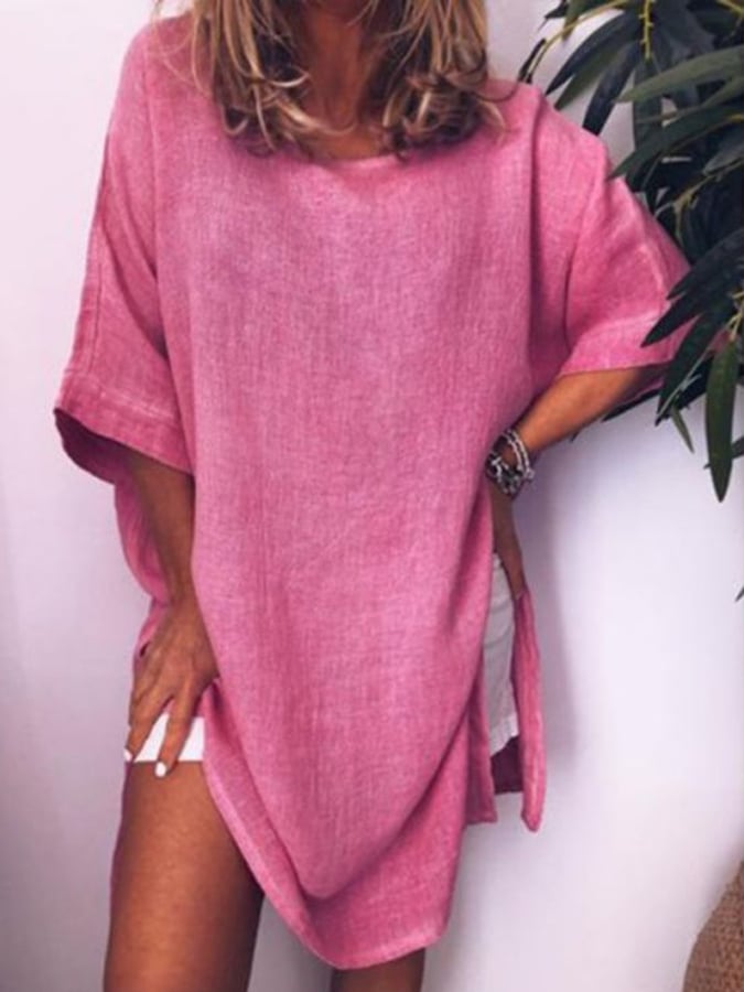 Damen Freizeitkleid aus Baumwolle und Leinen mit Schlitz