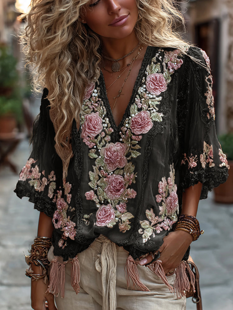 Damen Vintage Rosenstickerei Bequeme Leinenhemden