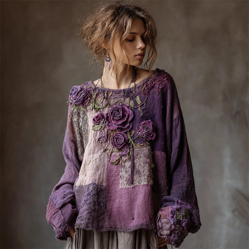 Vintage Purple Roses Boho Lace Patchwork Linen Tunic