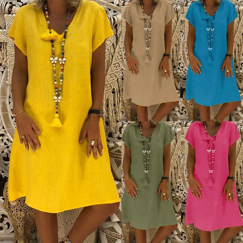 🔥49%- Cotton-Polyester Blend Dresses Casual V Neck Midi Dress🔥