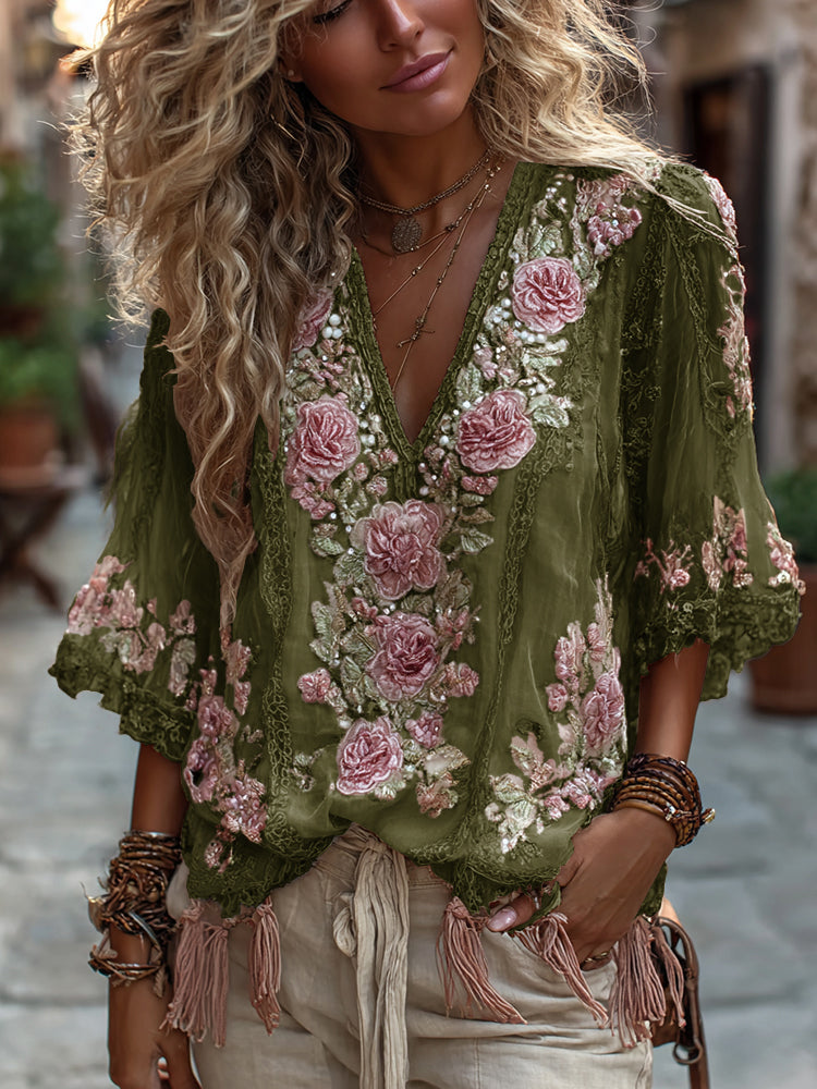 Damen Vintage Rosenstickerei Bequeme Leinenhemden