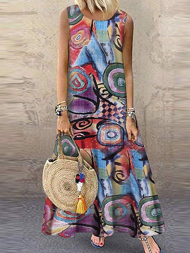 Women's Normal Cotton Linen Dress Elegant Vintage Beach Regular Fit Graphic Sleeveless Crew Neck Red Green Summer